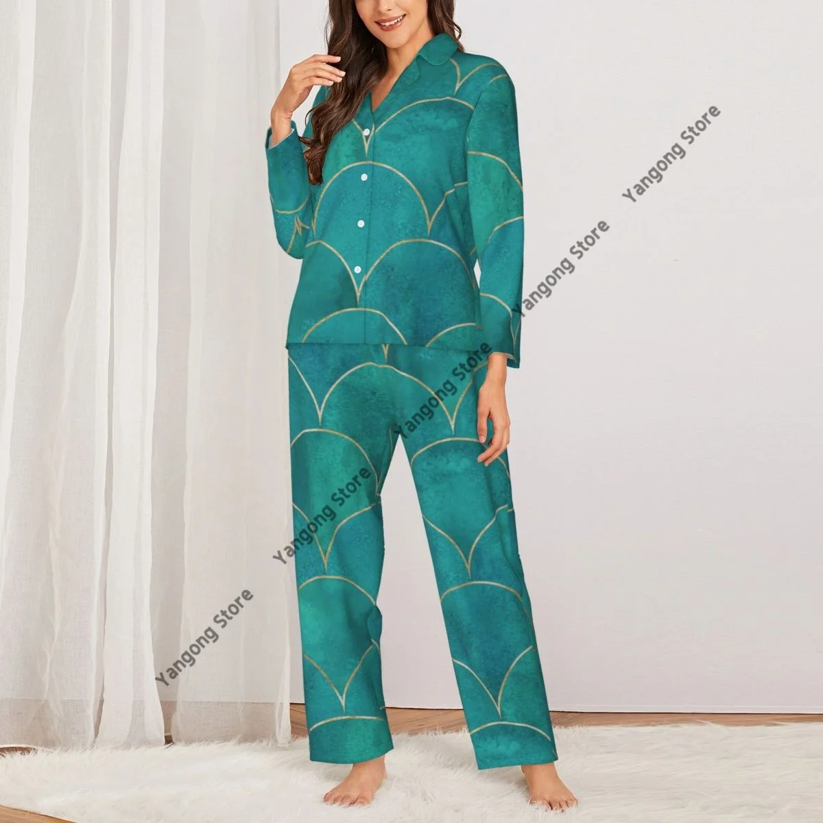 Mermaid Fish Scale Japanese Wave Womens Pajamas Loungewear Two-piece Sleepwear Button-Down Full Sleeve Long Pajamas Set