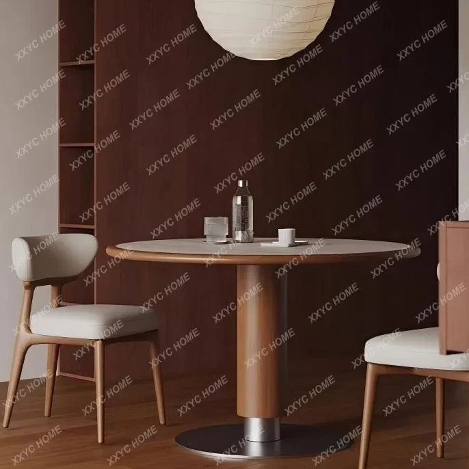 JTravertine slate embedded with edging round dining table, household small apartment solid wood dining table