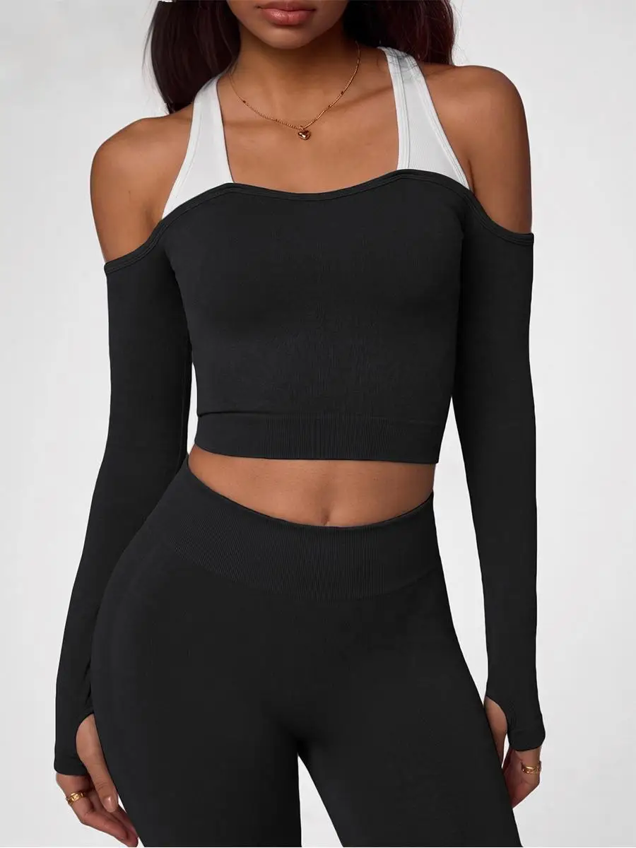 New spliced camisole long sleeved yoga top, women's outdoor quick drying sportswear, tight fitting off shoulder design
