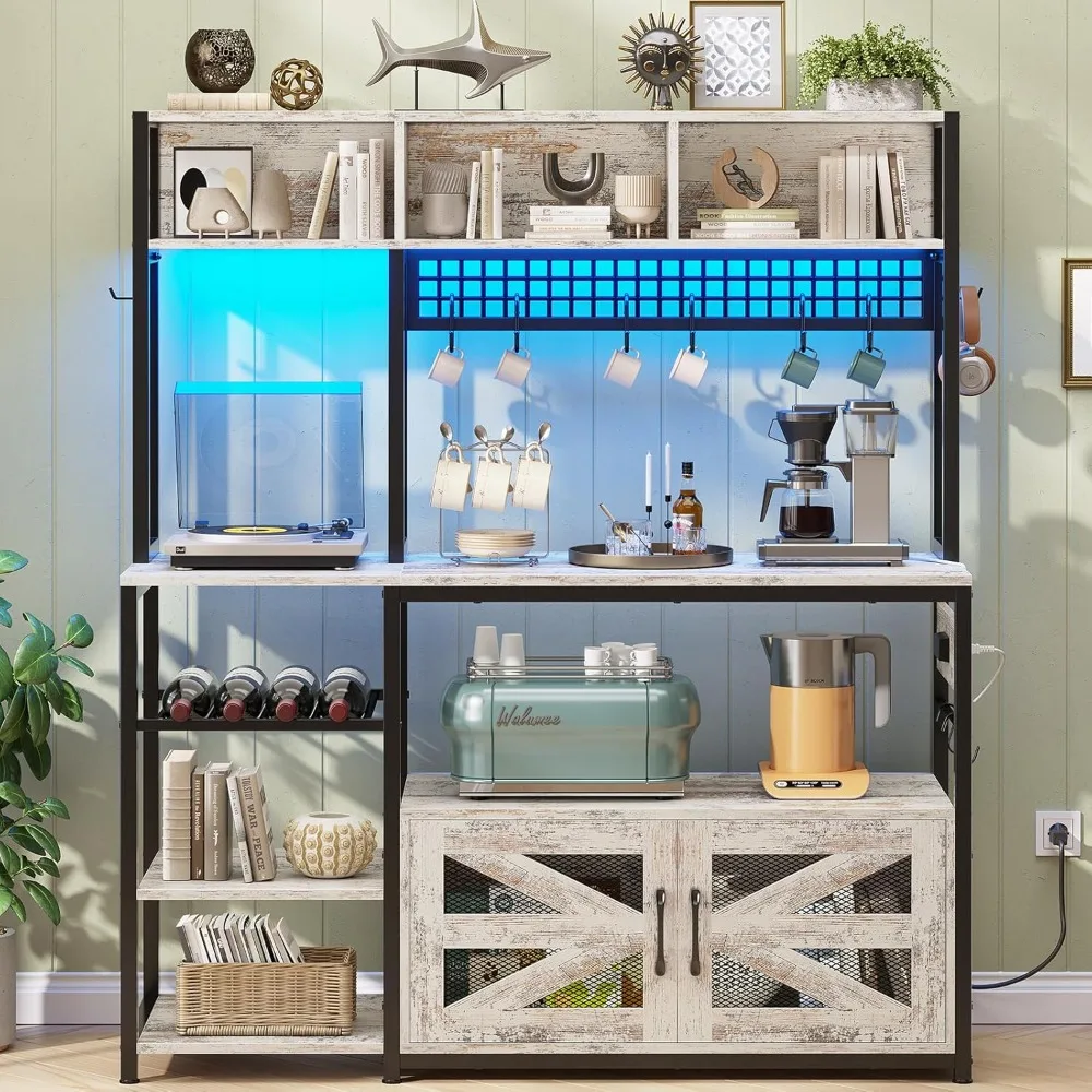 

47.2 Inch Bakers Rack with Power Outlet, Microwave Stand with Storage, Farmhouse Coffee Bar Cabinet Station with Wine Rack,