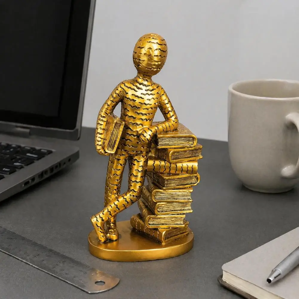 Resin Book Lover Statue, Reader Sculpture Leaning on Stacked Book Decorative Abstract Human Figurine for Bookshelf Office