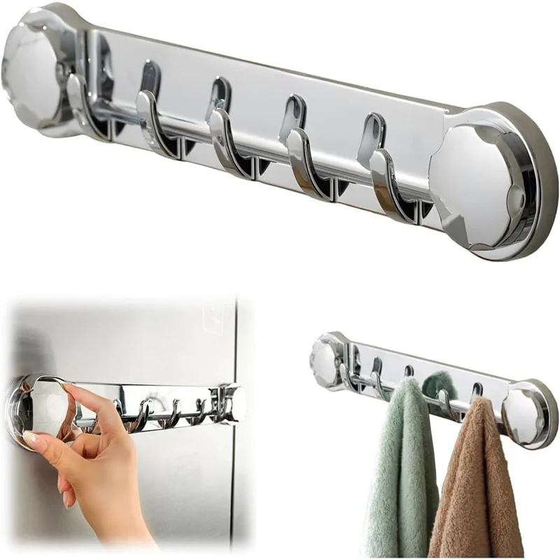 Strong Suction Cup Hanger With 5 Hooks Bathroom Hanging Towel Rack ABS Kitchen Punch-free Storage Shelf Home Organizer