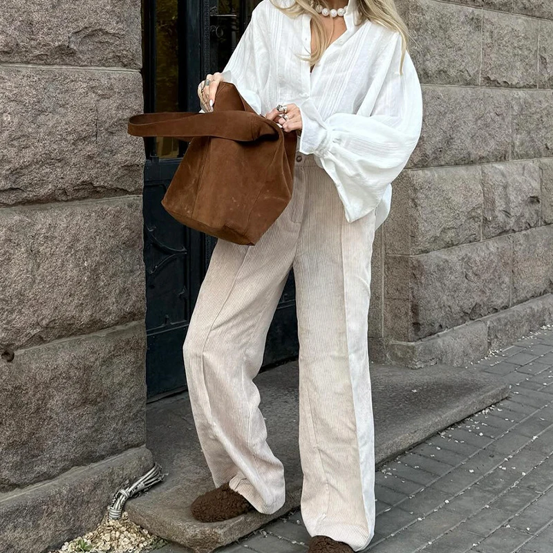 OMSJ automne hiver Style de rue rétro couleur unie bouton fermeture éclair coton ample loisirs velours côtelé pantalon droit à la mode femmes tenue