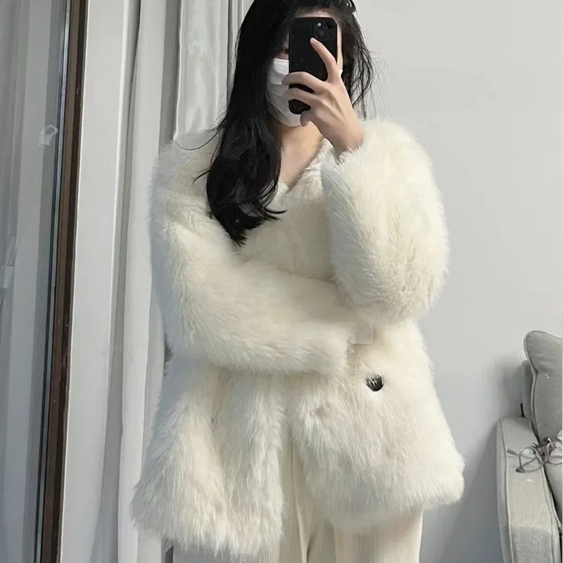 Abrigo de piel de visón con cuello en V para mujer, chaqueta de piel de imitación, respetuoso con el medio ambiente, elegante, cálido, gabardina,