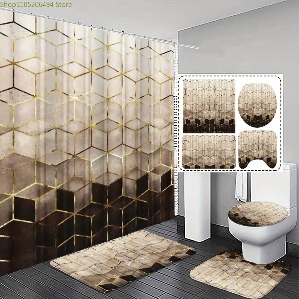 

1/3/4pcs, Modern Geometric Shower Curtain and Non-Slip Bathroom Rug Set - Luxury 2D Design for Bath Decor Suitable for various