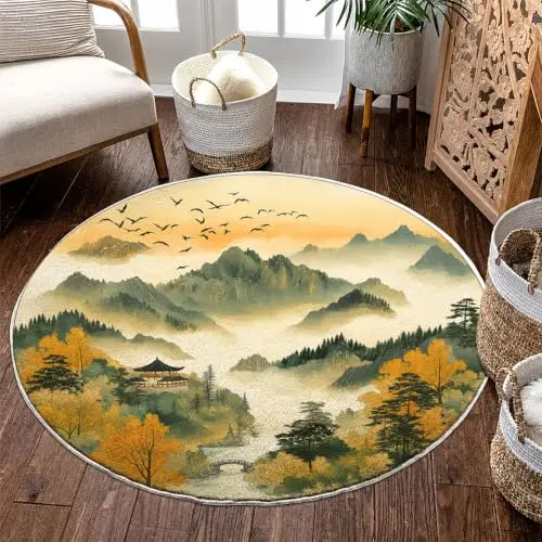 Round Area Rug Golden Crescent Moon Umbrella Cap Matrix Golden Foliage Border Star Particles Solid Black Backdrop for Floor