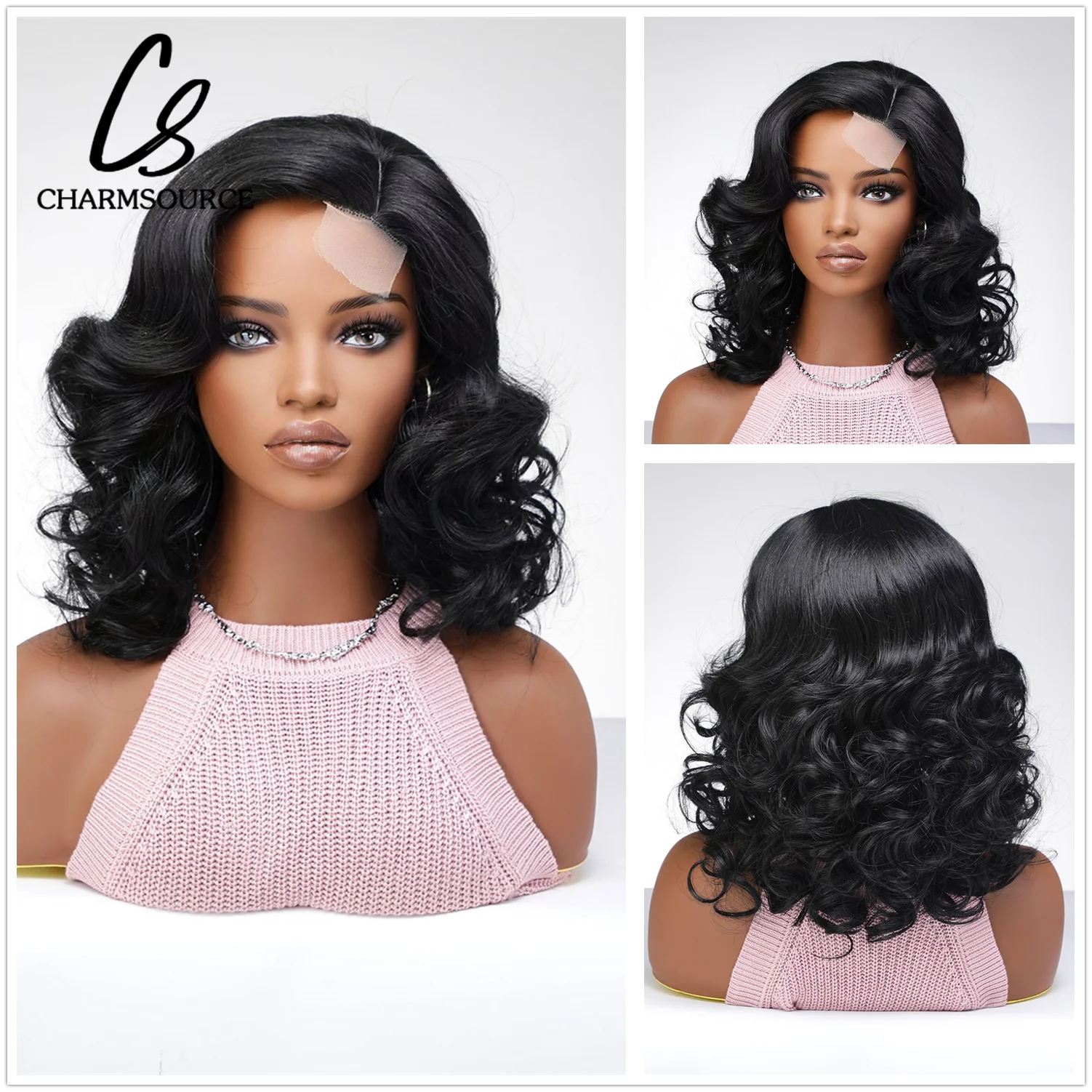 

Charmsource Black Lace Wig Wavy Curly Part Lace Wigs Daily Natural Hair Wigs for Women High Quality Synthetic Wig