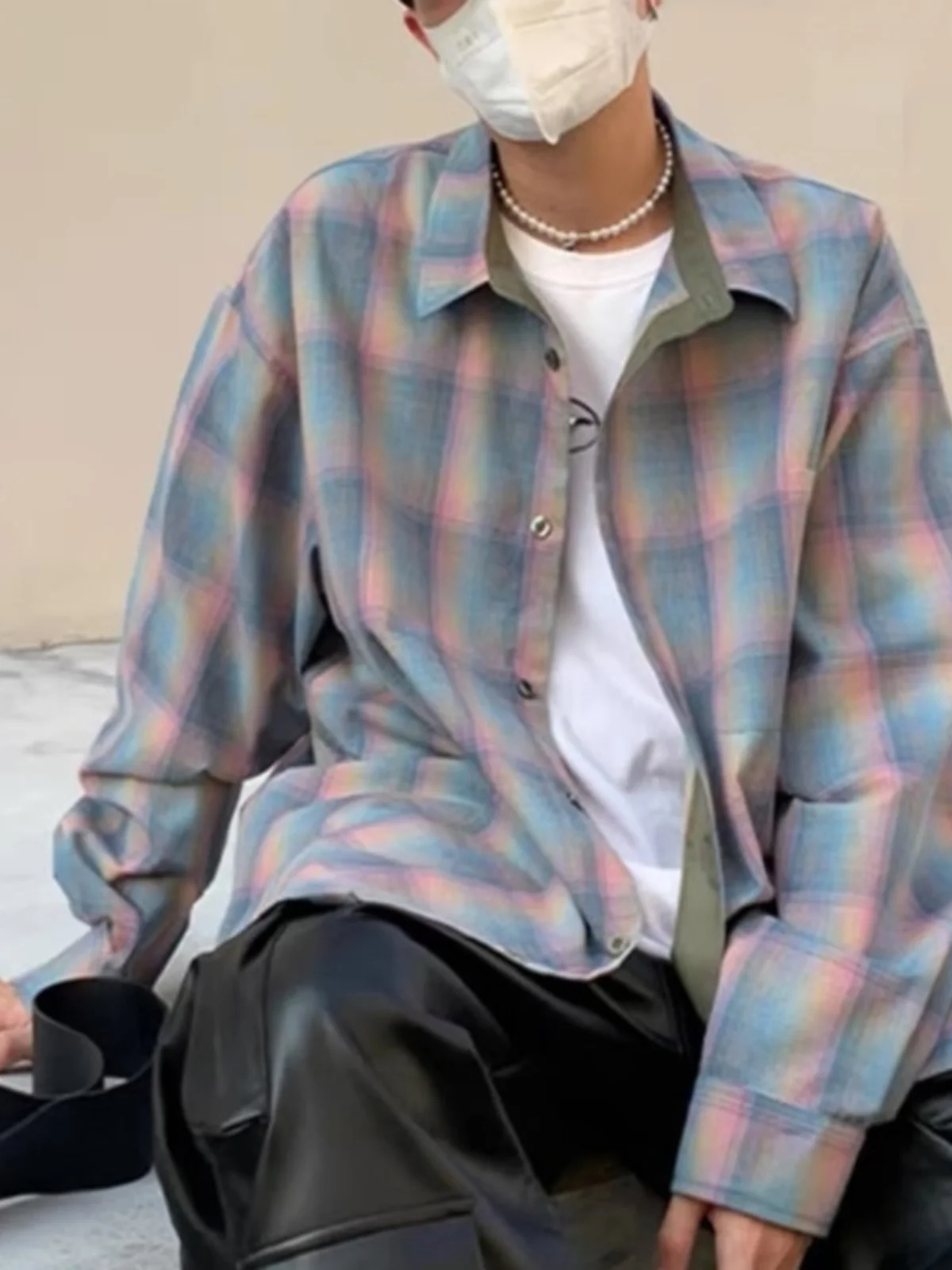 

Мужское пальто в клетку в американском стиле ретро, свободное цветное пальто с блузным воротником, корейская версия, высококачественное пальто с утюгом, весна-осень...