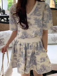 Korejpaa Korean Fashion Two Piece Sets Women Summer Retro Ink Print Versatile Short Sleeved Top+high Waist Pleated Skirt