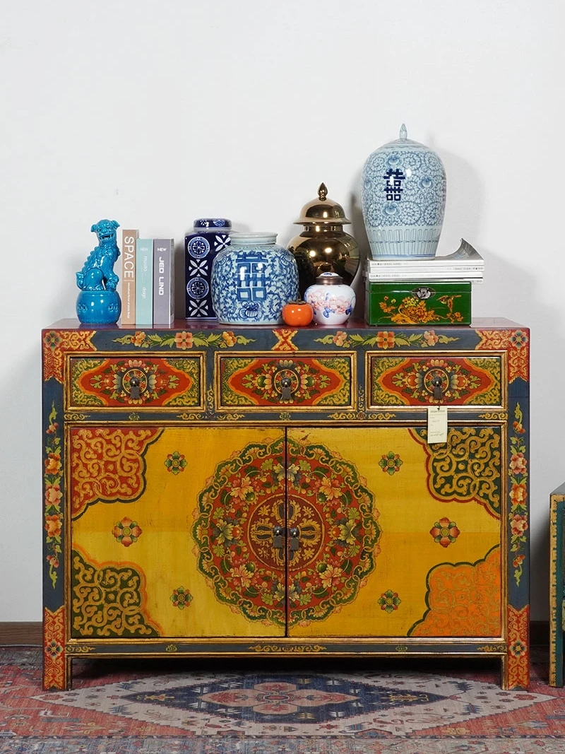 

Tibetan painted porch cabinet Chinese retro solid wood entrance hall cabinet antique partition decorative cabinet hand-painted