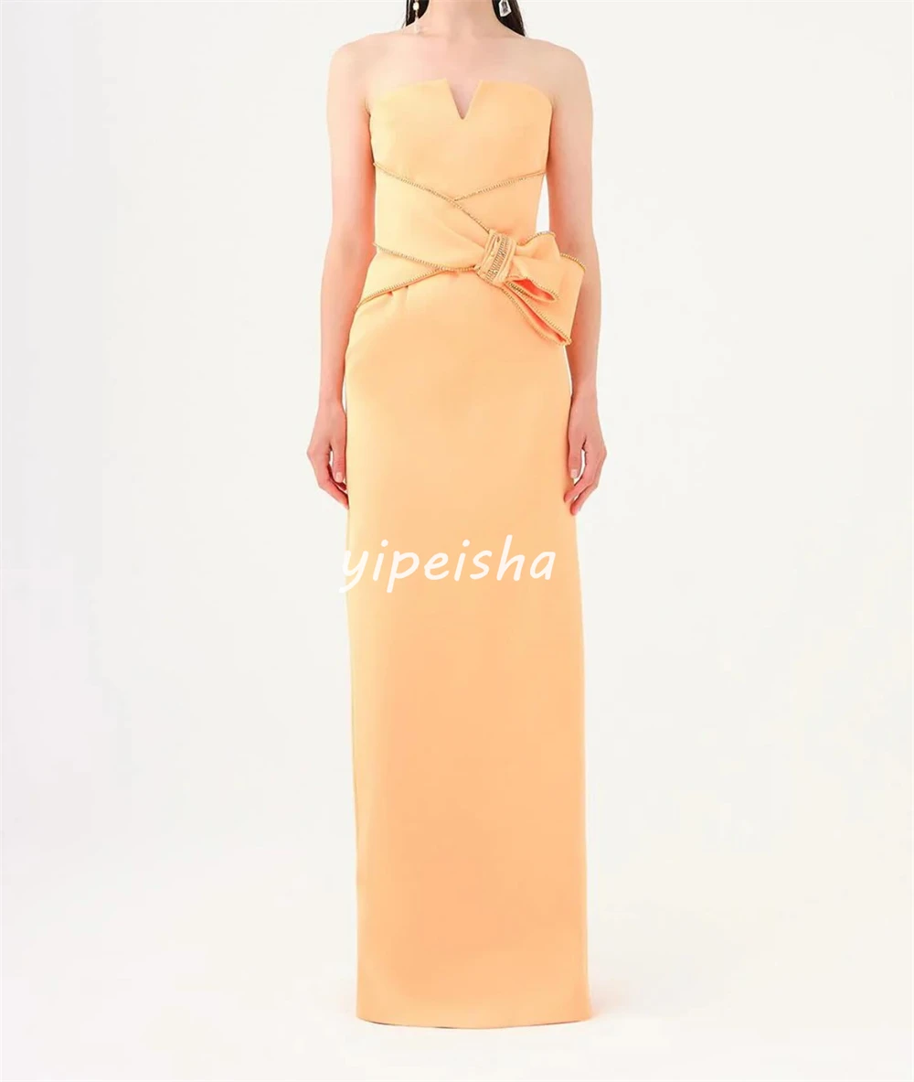 Jersey Bow Beading Evening A-line Strapless Bespoke Occasion Gown Long Dresses