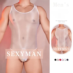 Full Mesh Sheer Bodysuits Men Oil Glossy Tank Jumpsuits Glossy Rompers Ultra Thin Underwear Erotic Lingerie High Elastic Leotard