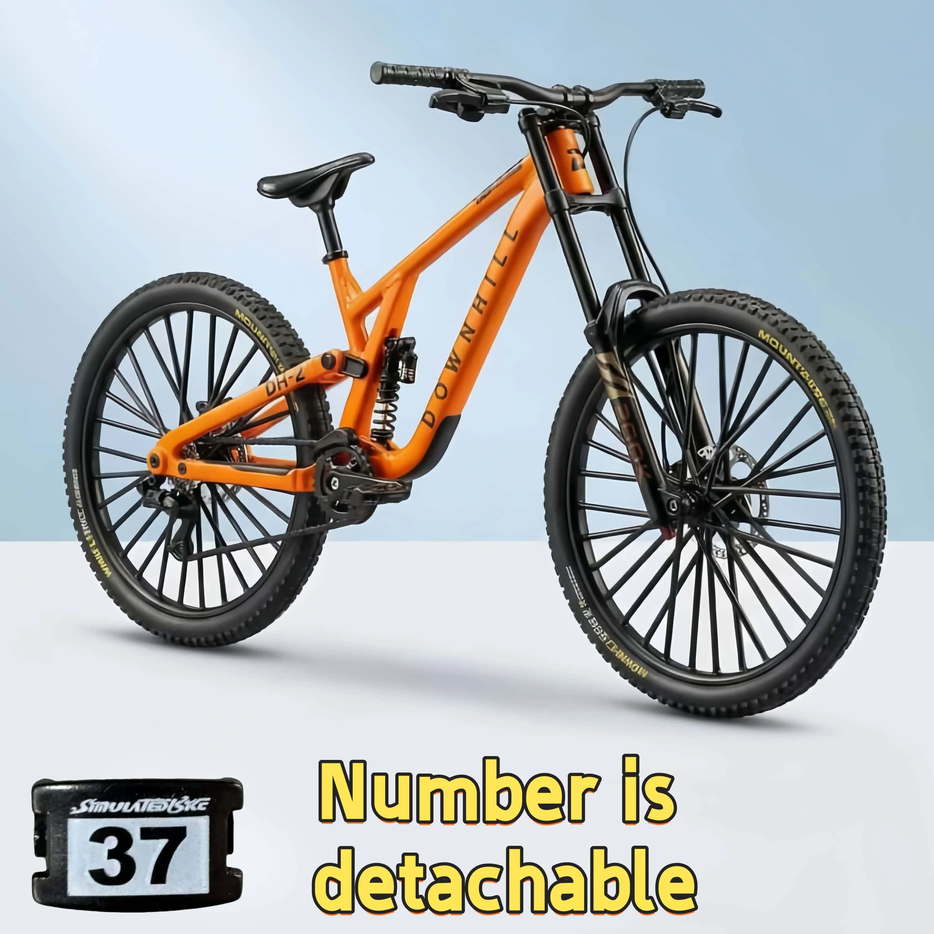 1:8 Scale Alloy Mountain Bike Model – Dual Shock Absorbers&Removable Number, Ideal Gift&Desktop Decoration for Bike Enthusiasts.