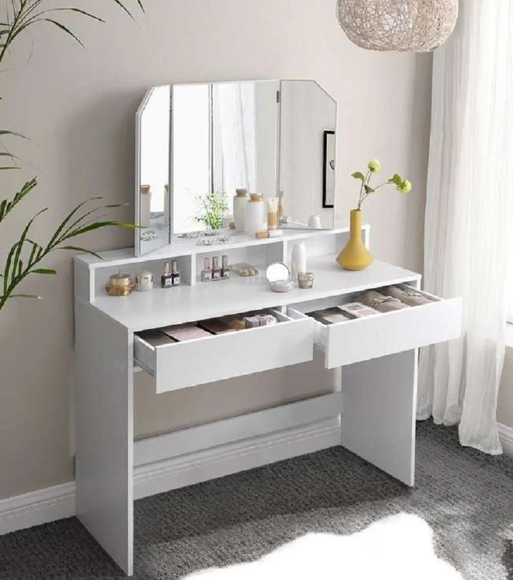 VASAGLE dressing table, with folding mirror, 3 open compartments, modern, white