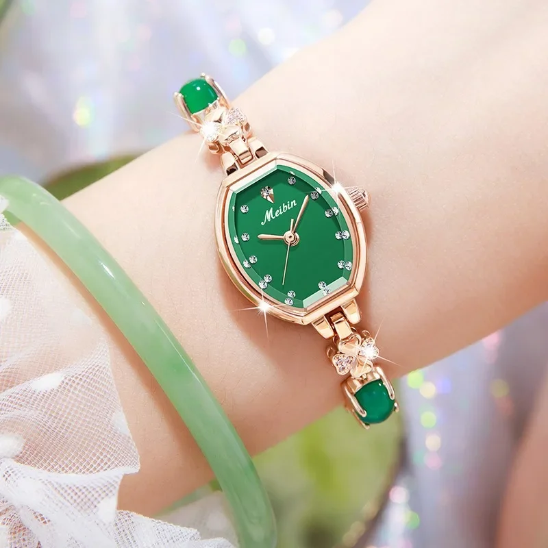 Women's Luxury Watch Exquisite Inlaid Green Jade Lady Quartz Watch Fashion 3 Bar Waterproof Dial Chain Strap Relojes Para Mujer