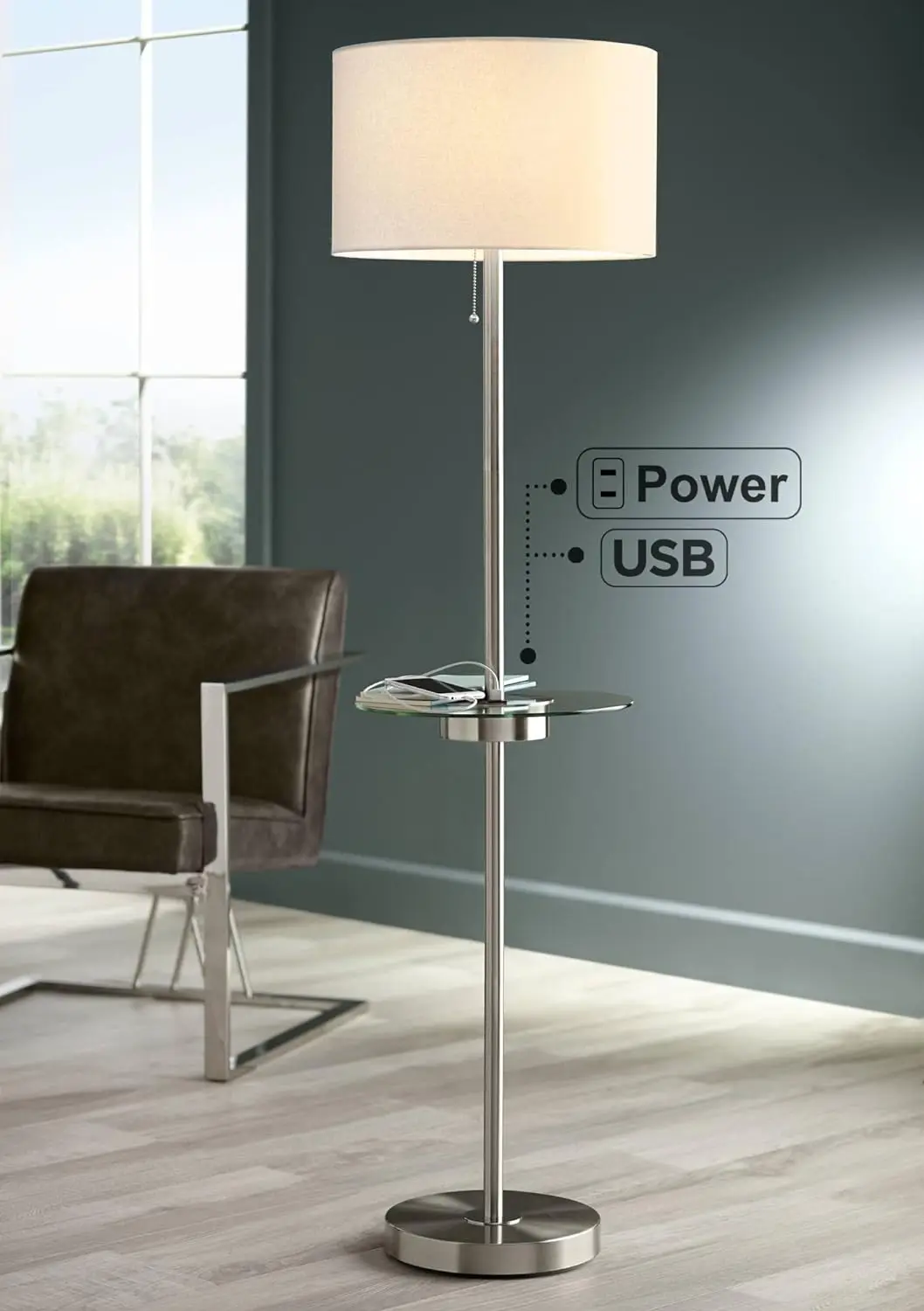 Modern Floor Lamp with Tray USB and AC Power Outlet on Table Glass 60.5