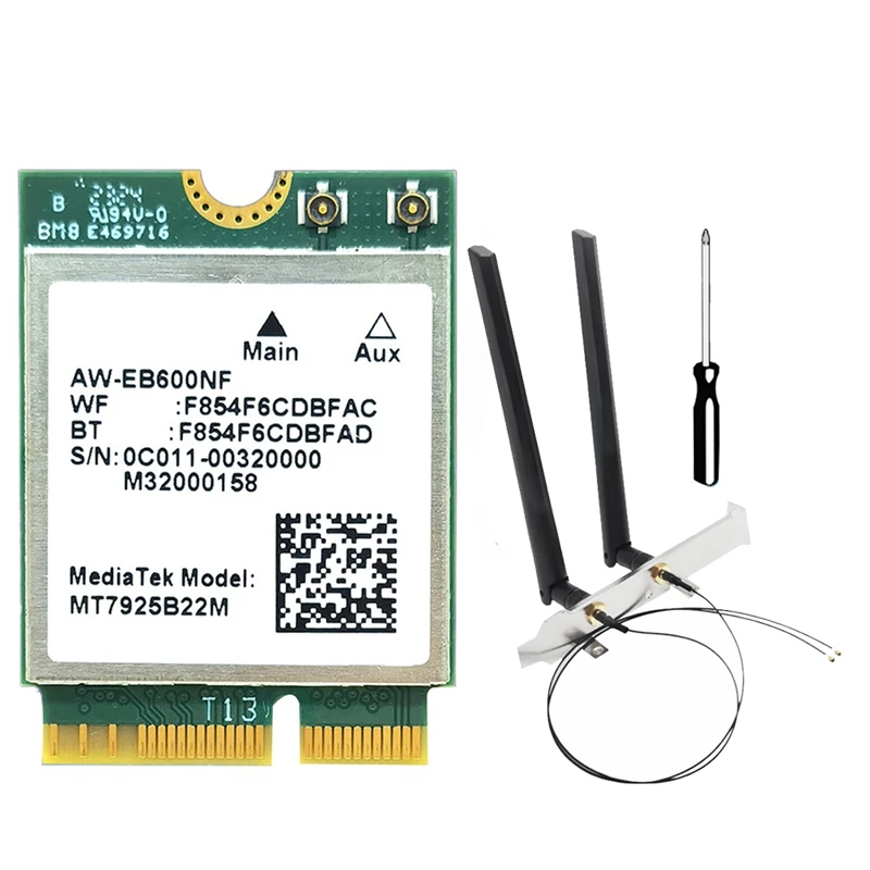 MT7925 WIFI 7 Card+Antennas With Baffles 5400Mbps M.2 Triple Band 2.4G/5G/6G BT5.3 Wifi Card Adapter For Win10/11 Linux