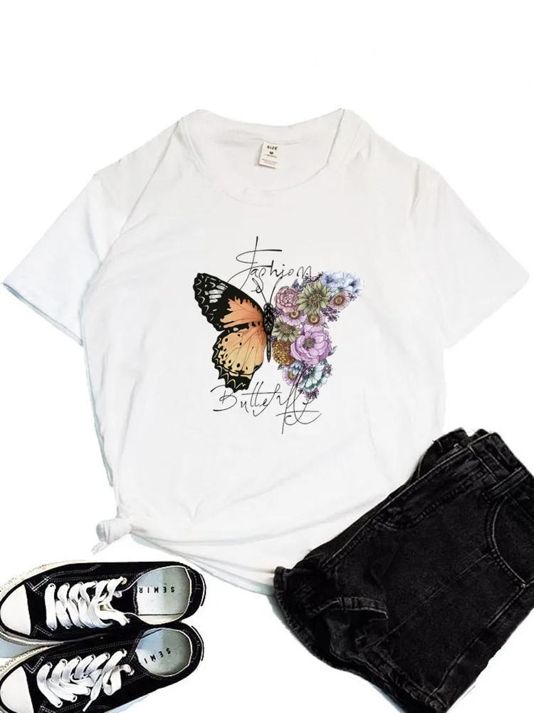 Butterfly Flower Women Print T-shirt Girl Y2K Short Sleeve Design Tees Tops 90S Sweetshirts Female Harajuku Clothing