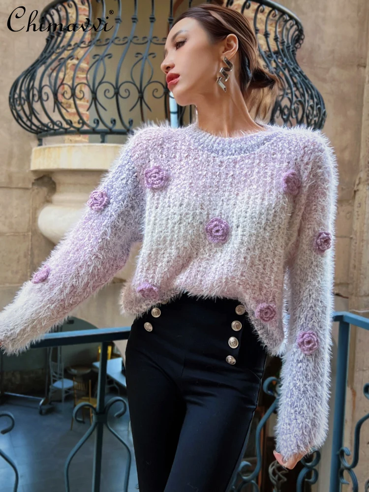 

French Elegant Socialite Casual Purple Knitted Top Round Neck Long Sleeve 3D Flower Loose Versatile Pullover Sweater for Women