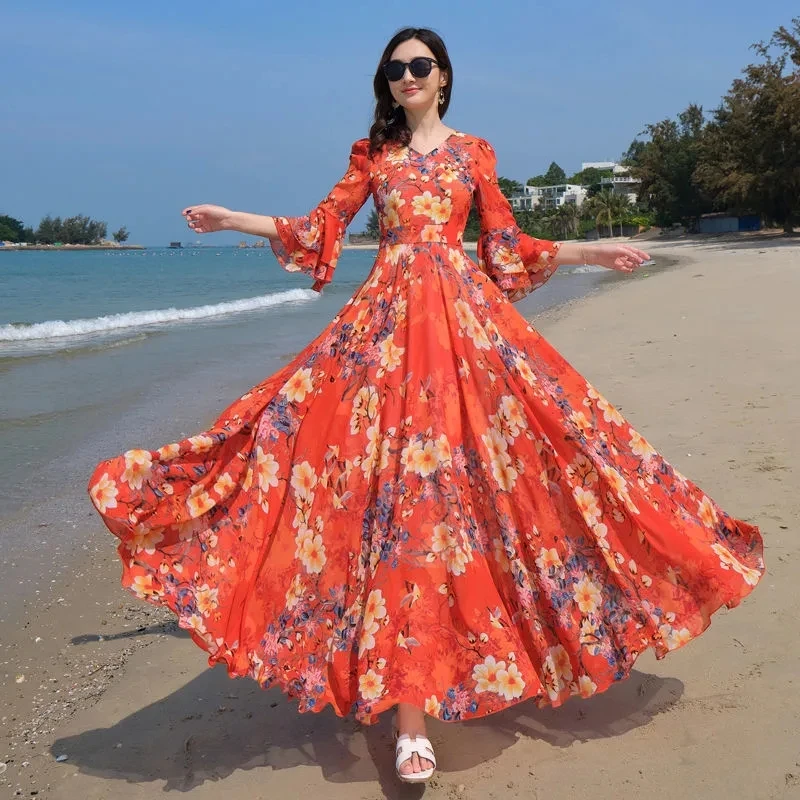 Summer Chiffon Half Sleeve Maxi Dress Floral Women Elegant Luxury Vestidos 2024 Fashion Vintage Party Bodycon Prom Long Dresses