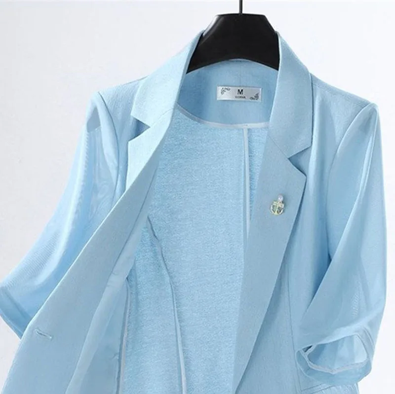 Women's Thin Suit Coat 2026 New Popular Summer Autumn Short Top Outerwear Casual Blue Suit Jacket Business Attire Female