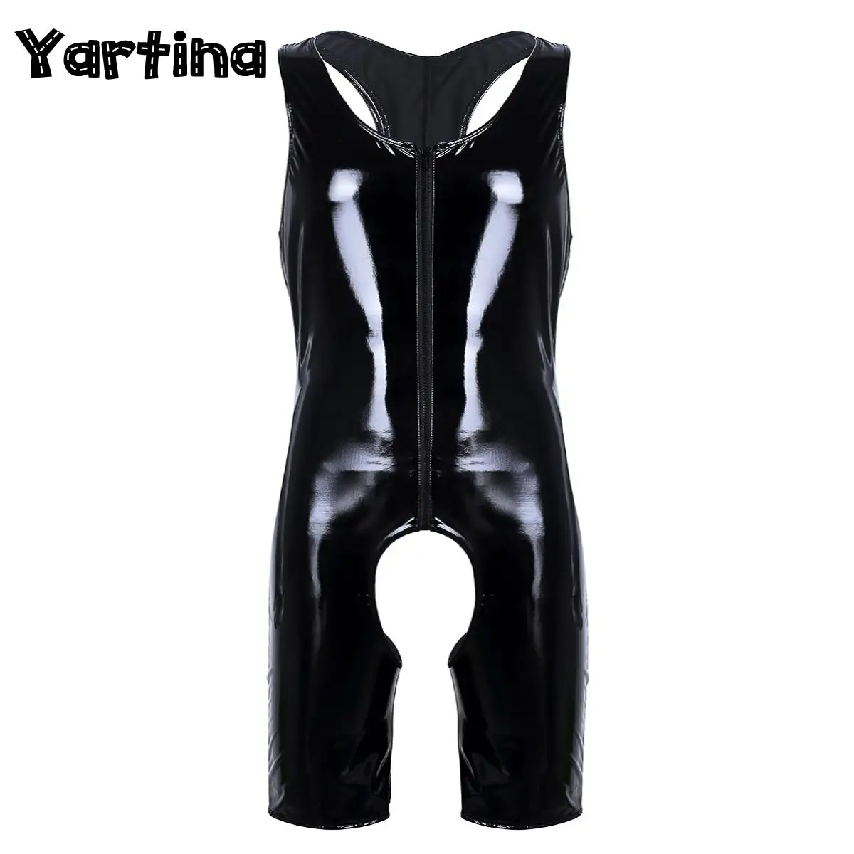 

Sexy Mens Wetlook Patent Leather One Piece Sleeveless Front Zipper Crotchless Singlet Boxer Briefs Leotard Bodysuit Underwear