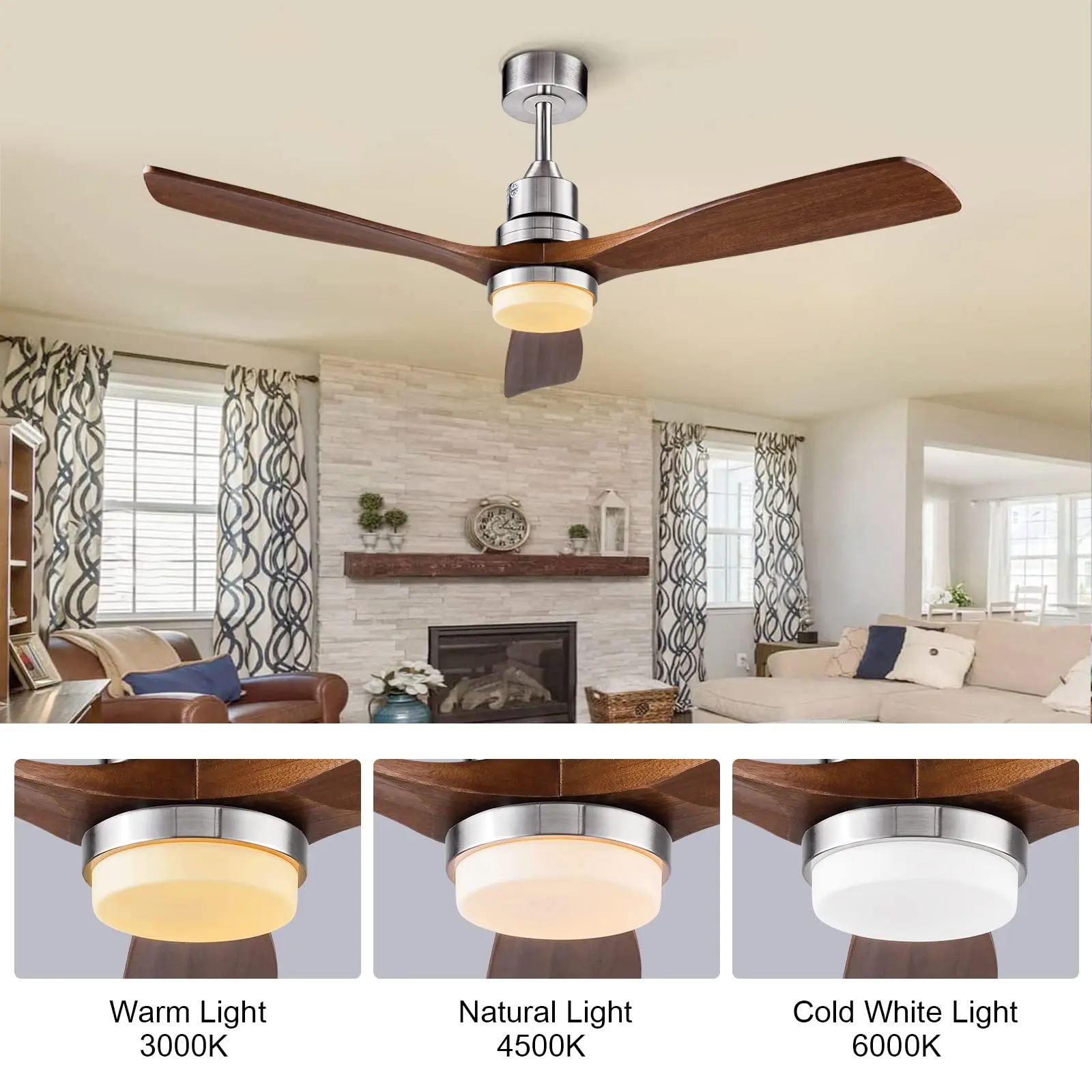 52‘’ Solid Wood Ceiling Fan with 3 Color LED Lights and Remote Control 6 Speed DC Motor Indoor Outdoor Ceiling Fan for Bedroom