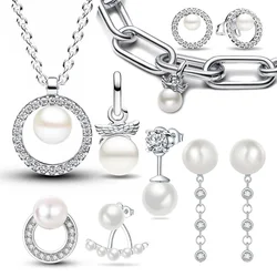 Argento Sterling 925 moda orecchini di perle collana braccialetto perline di fascino Set originale fai da te per gioielli da donna regalo Fine