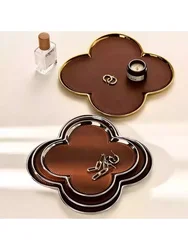 AhunderJiaz Light Luxury Ceramic Leather Storage Tray Desktop Jewelry Clover Display Tray Living Room Home Decoration