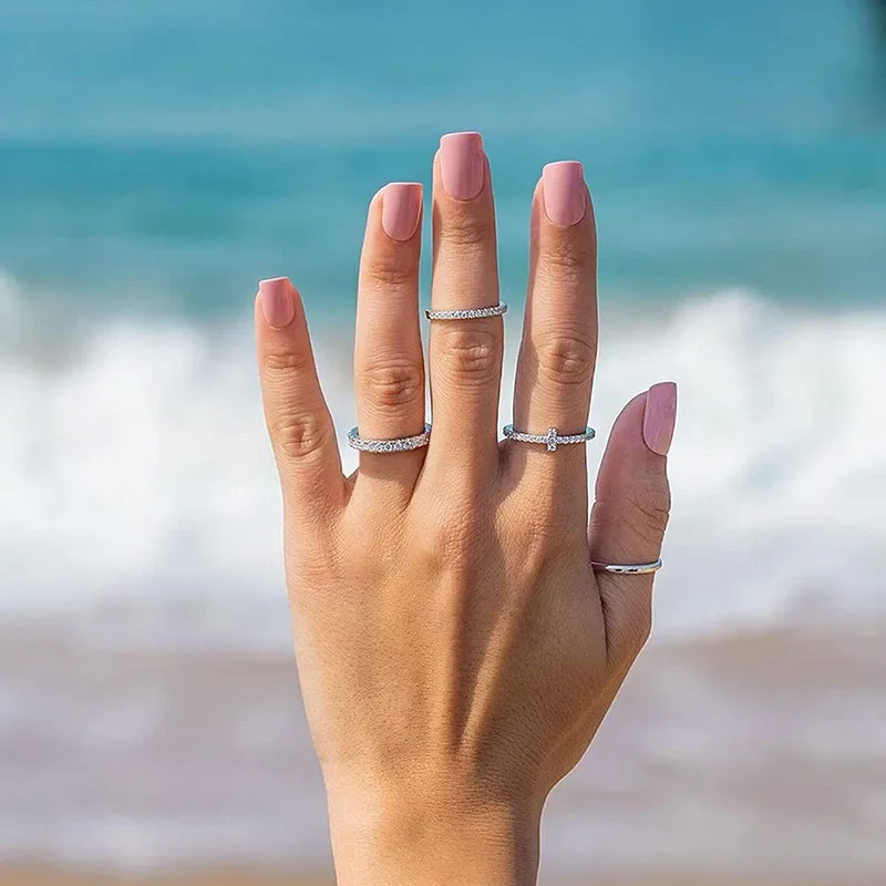 Anello da donna Trumium placcato oro bianco a forma di croce con zirconi a cerchio intero-Set anello in rame impilabile anello di fidanzamento in