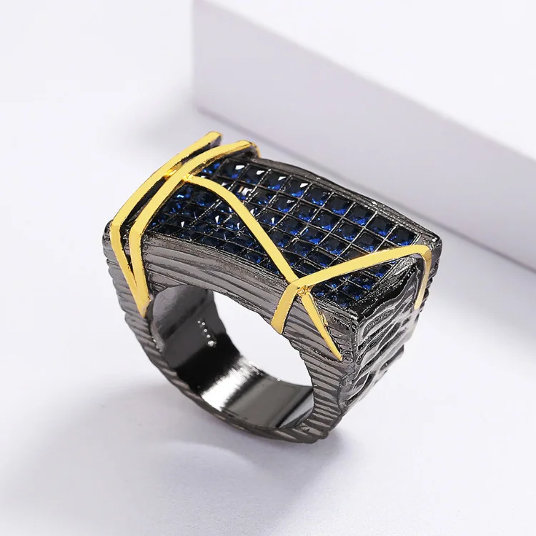 Geometric Black Gold Jewelry Set Irregular Texture Blue Full Diamond Ring Necklace Stud Earrings 925 Stamp Fashion Party Gift