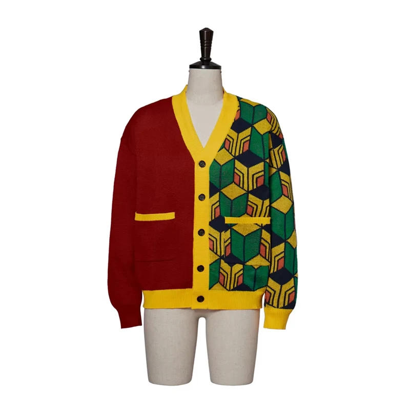 Kostium Cosplay Kamado Nezuko Unisex Sweter Dzianinowy Ciepły Kardigan Sweter z Dekoltem w Serek Kurtka Kostium na Halloween Nowy Rok Sweter Y2k
