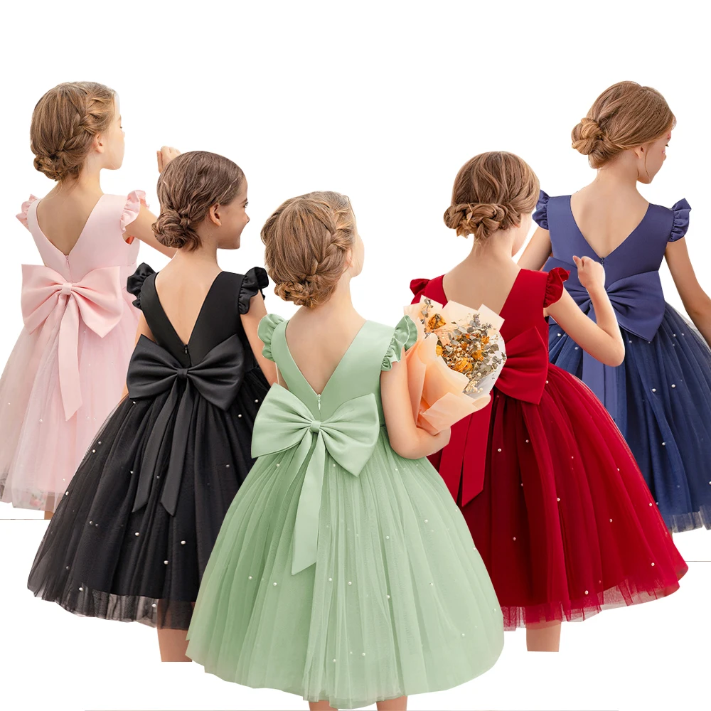 

Baby Girl Party Dress Back Bow Elegant Flying Sleeve Mesh Tutu Dress with Pearl Solid Flower Girl Wedding Dress Birthday Gowns