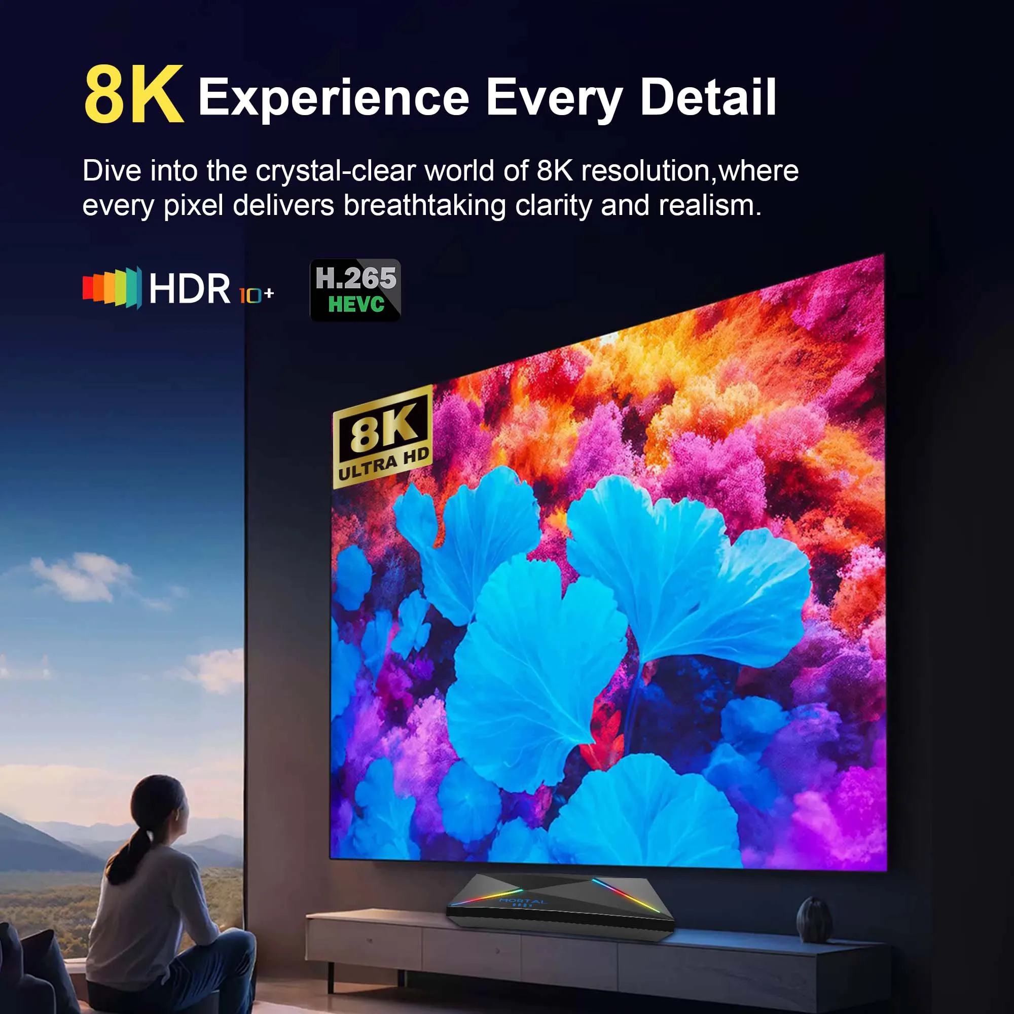 หุ่นยนต์14.0 สมาร์ททีวีกล่อง Youtube Netflix Google Assistant 8K AllwinnerH728 Wifi 6 BT5.0 + กล่องรับสัญญาณหลายภาษา Mortal T9