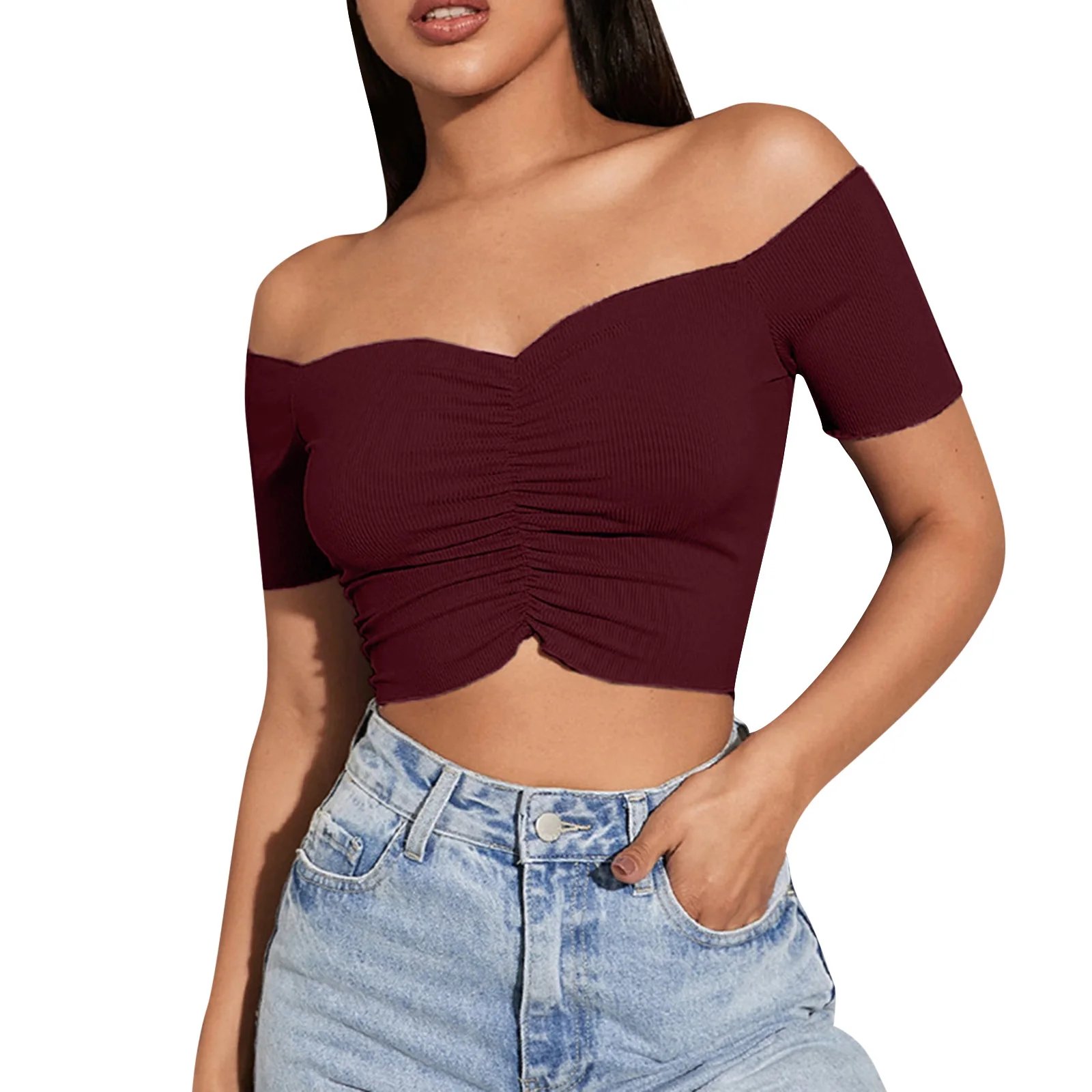 Off Shoulder Pleated Shirt Y2K Women Crop Tops Casual Black Femme Navel T-shirt V Neck Short Slim Tee Elegant Shirt Streetwear