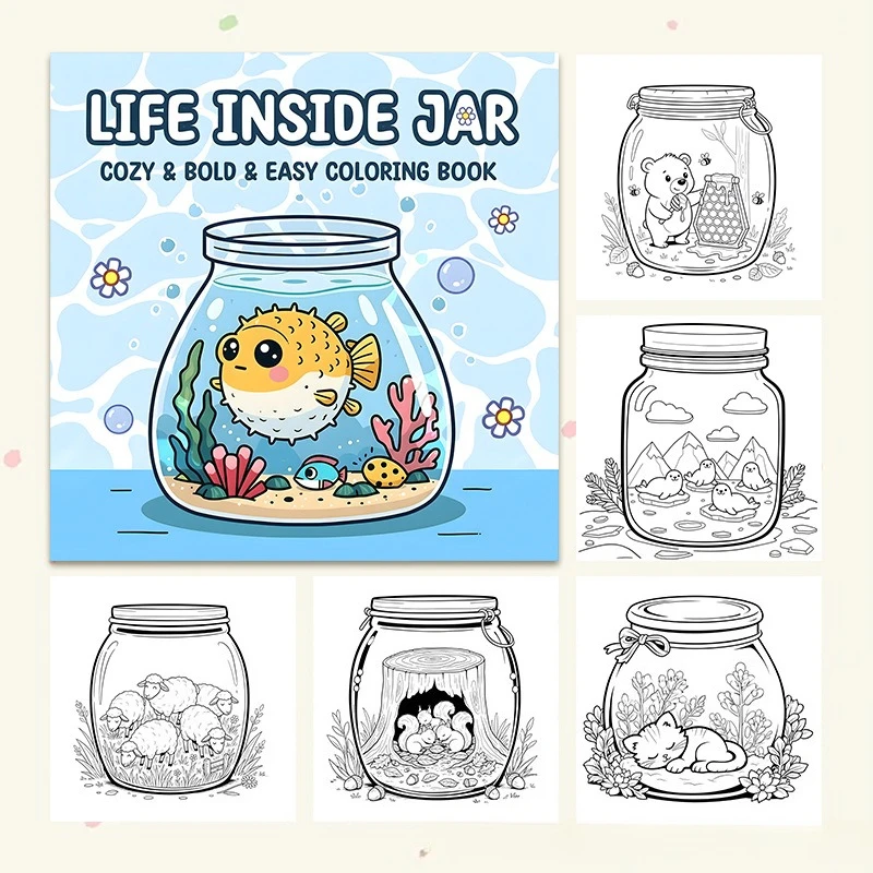 

Life Inside Jar Coloring Book Cozy Bold Easy 24 Pages Whimsical Scenes for Adults Stress Relief Art Gift