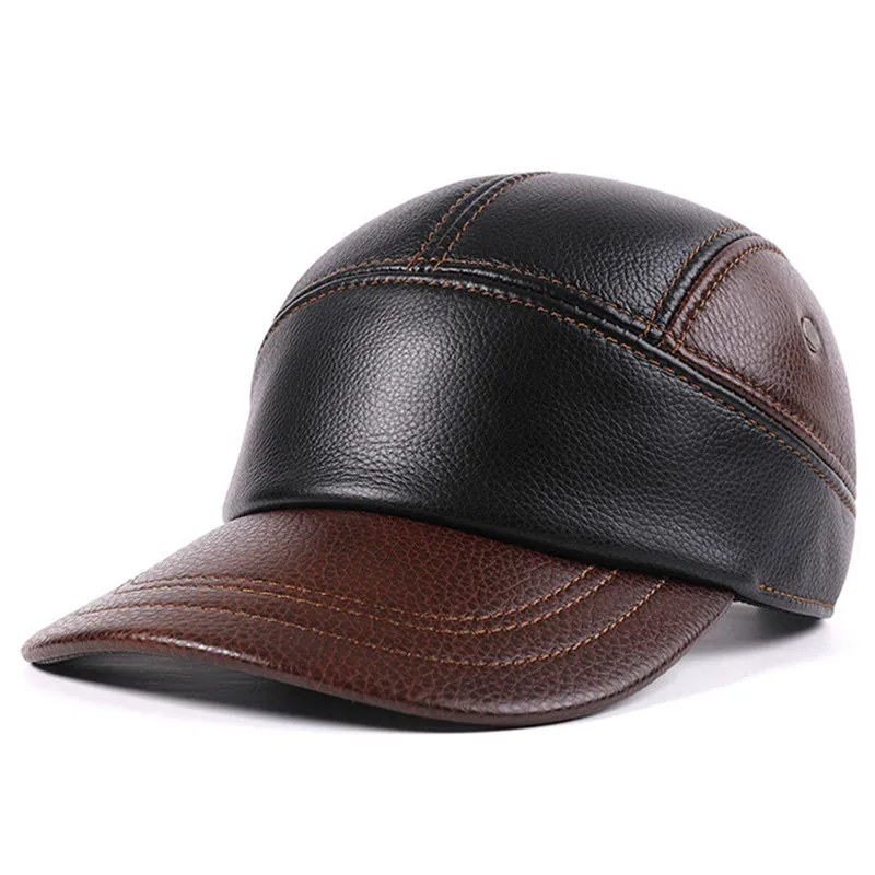 

Snapback Cap New Autumn Winter Genuine Leather Caps For Men Thickened Cold proof Warm Baseball Cap Natural Cowhide Leather Hats