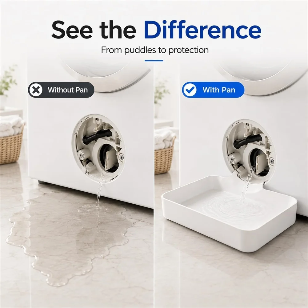 Washing Machine Drain Funnel Pan with Practical Dimensions to Fit Adjacent to Filter Housing in Compact Spaces