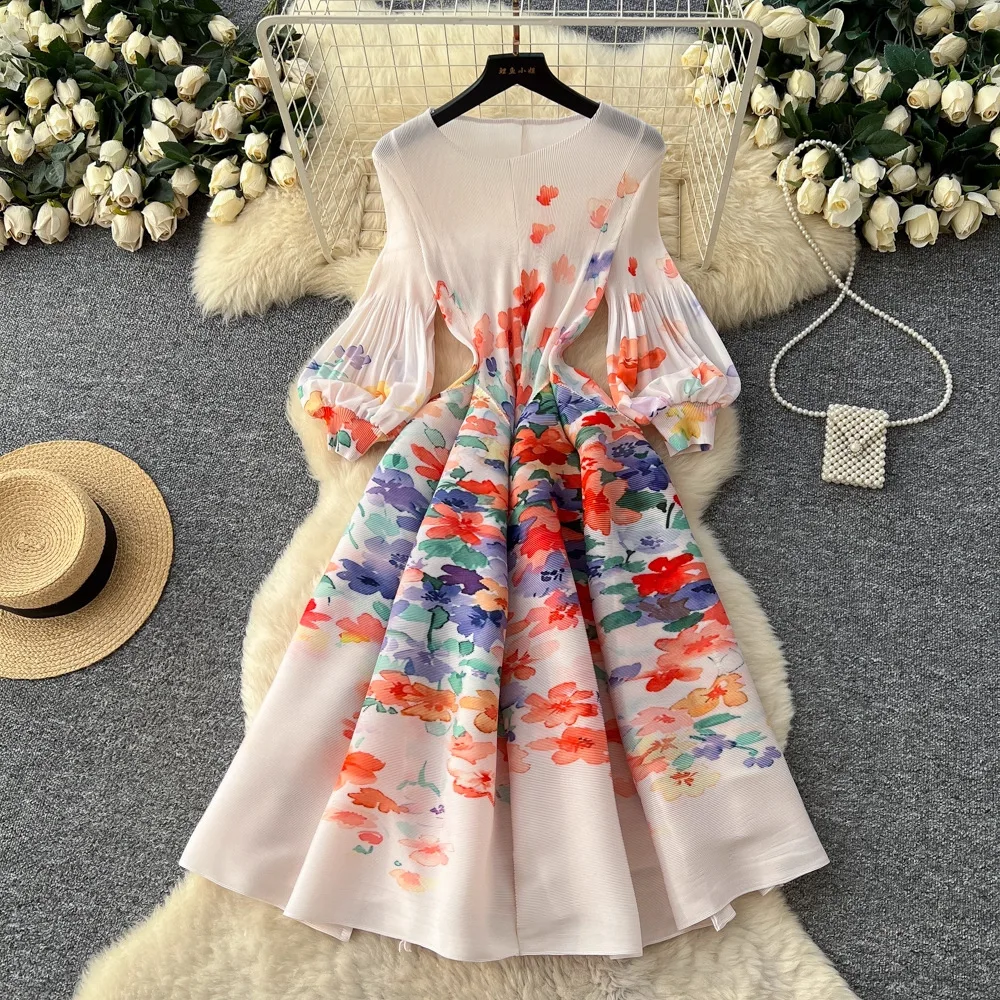 Miyake Pleated Print Dresses 2026 Summer New Round Neck Lantern Sleeve A-Line Flower Bud Dress Elegant Stretch Women's Clothing