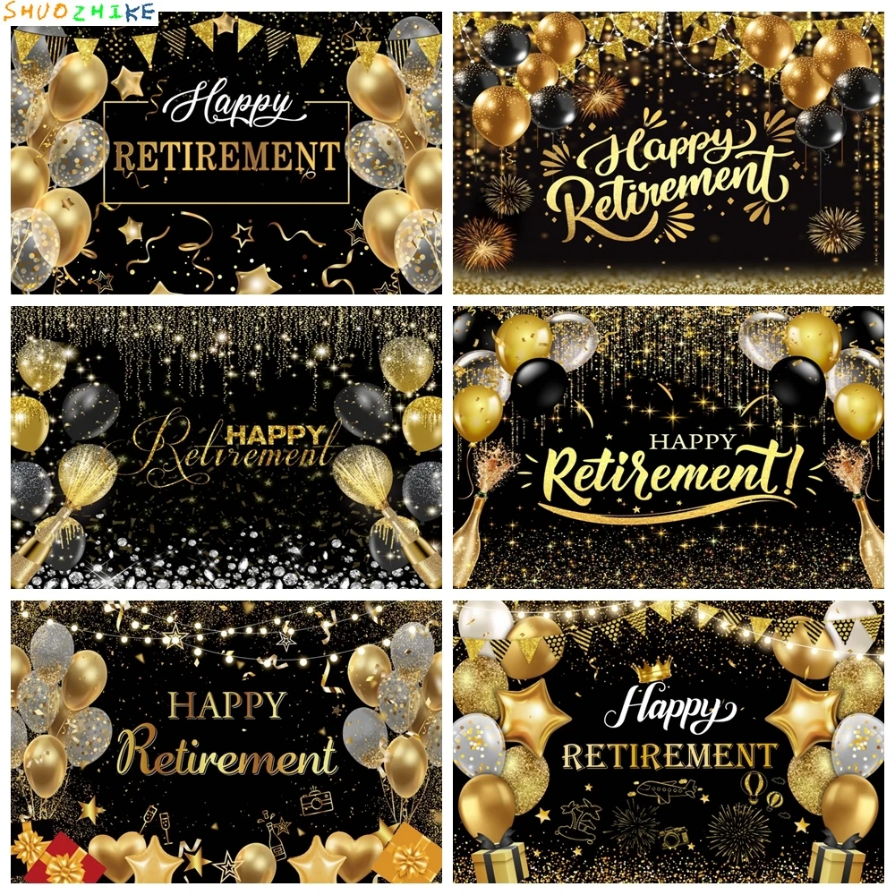 

Happy Retirement Party Decoration Backdrop Gold Glitter Balloon Cheers Family Congratulation Photography Background Photo Studio