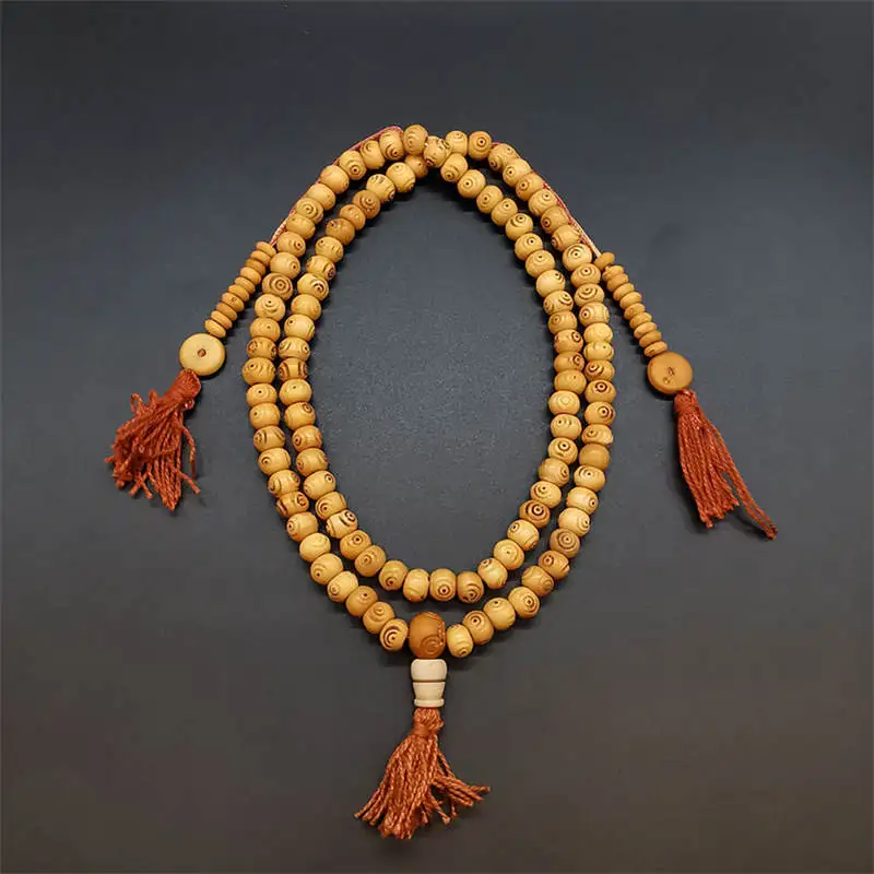 Tibetan Hand Carved Three Eyes Dzi Mala 8mm 108PCS Ox Bone Beads Meditation Rosary BRO530