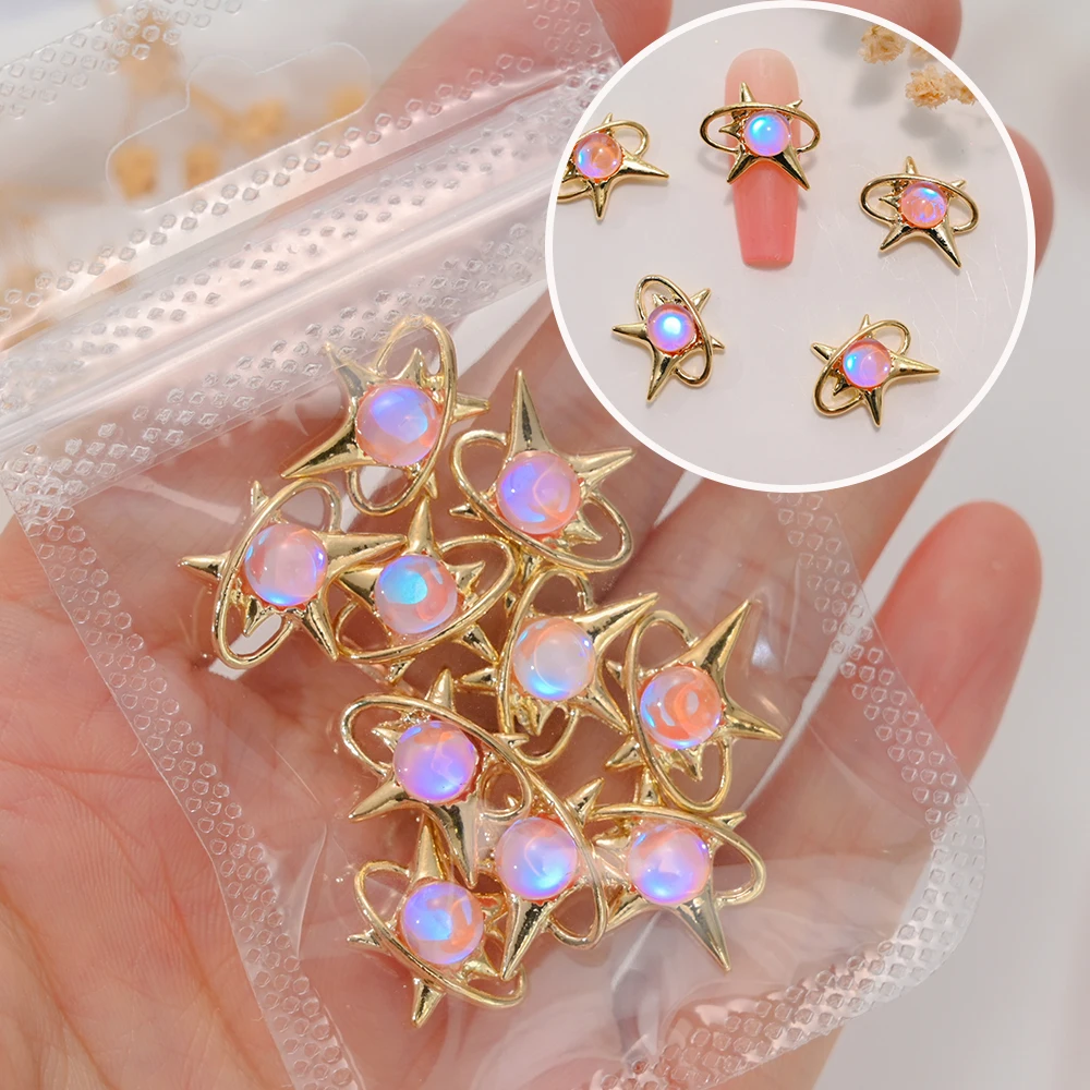 10Pcs Symphony Opal Round Bead Star Moon Nail Charms 3D Gold Alloy Glitter Diamond Nail Rhinestone DIY Manicure Supplies &*&