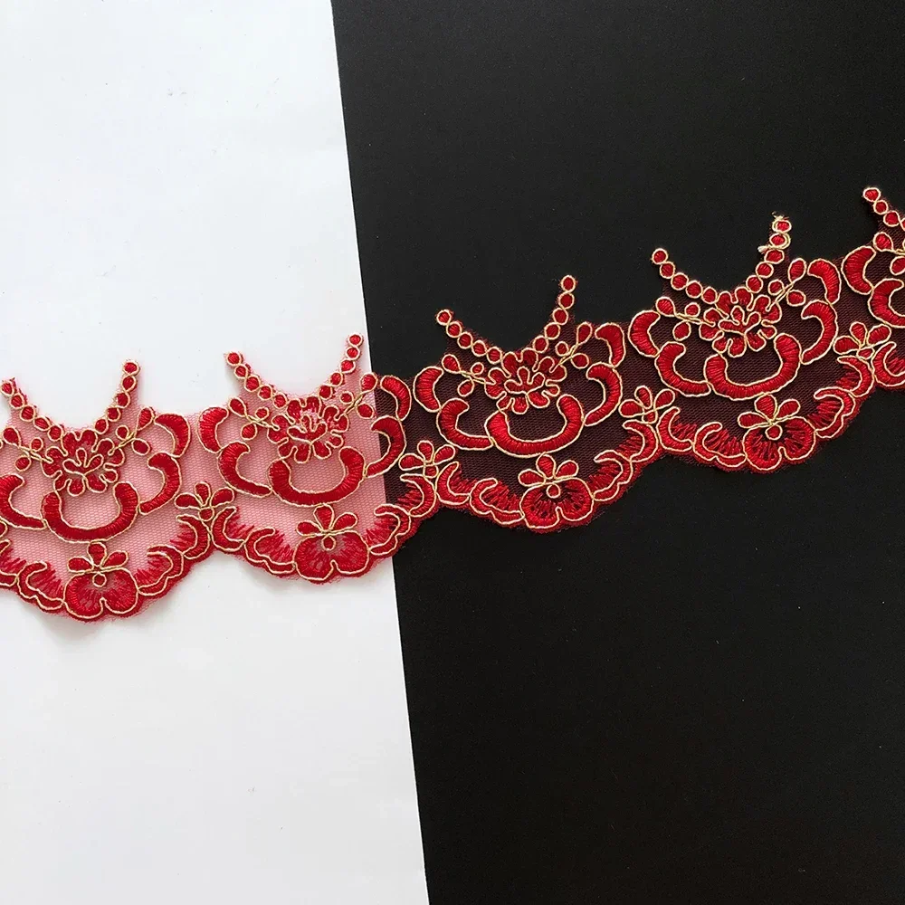 2yards Polyester Gold Line Red Flower Embroidery Lace Trim Fabric for Bridal Wedding Gown Costume Ribbon Diy Sewing Craft 8cm