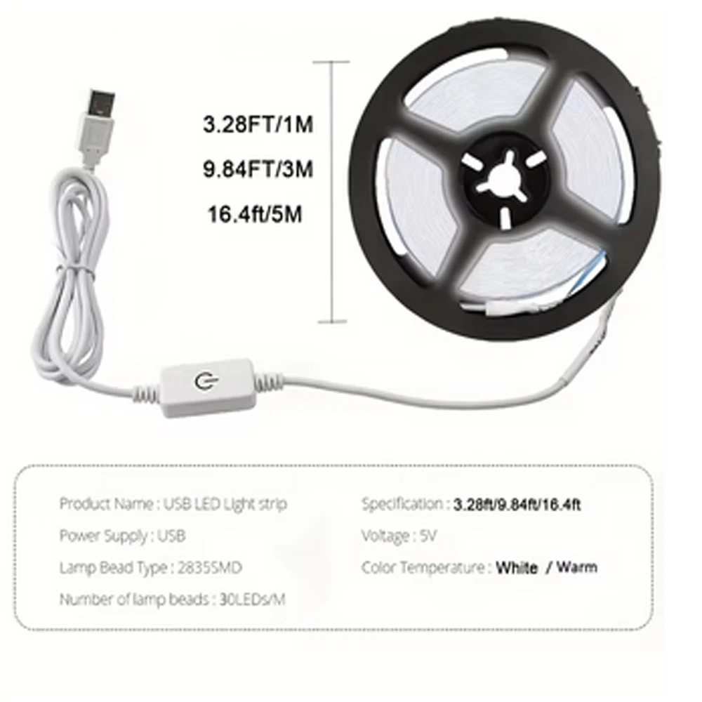 5V 2835 LED Strip Light Touch Sensor Switch Dimmable USB Flexible LED Tape Ribbon Light For Mirror Cabinet Stair Decor Lighting