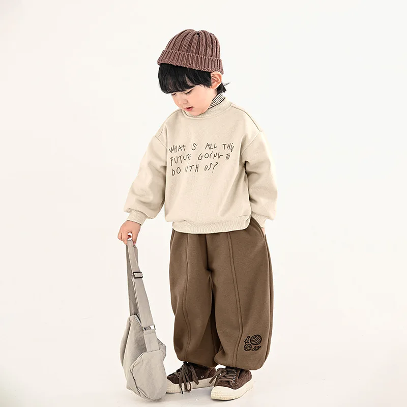 Children's Clothing Boys' Fleece Hoodie Children's Winter Clothing Korean Version Apricot Colored Thick Top