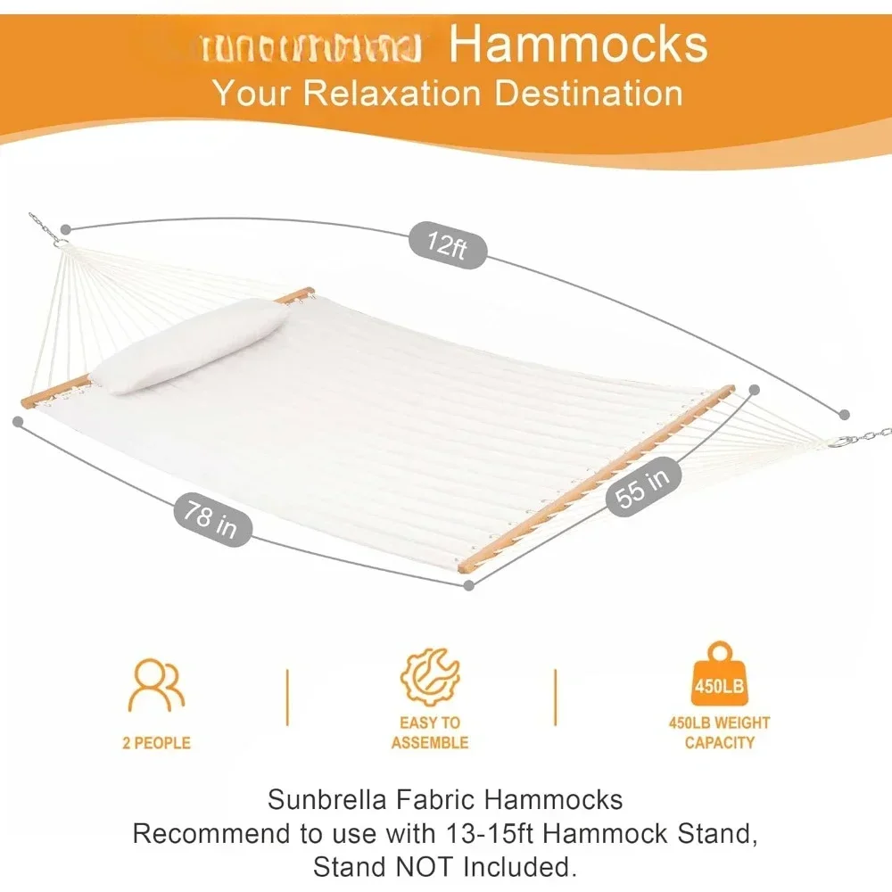 Quilted Hammock Double Hammock with Hardwood Spreader Bar, Two Person Hammock for Patio Outdoor Outside，450 Lbs Capacity