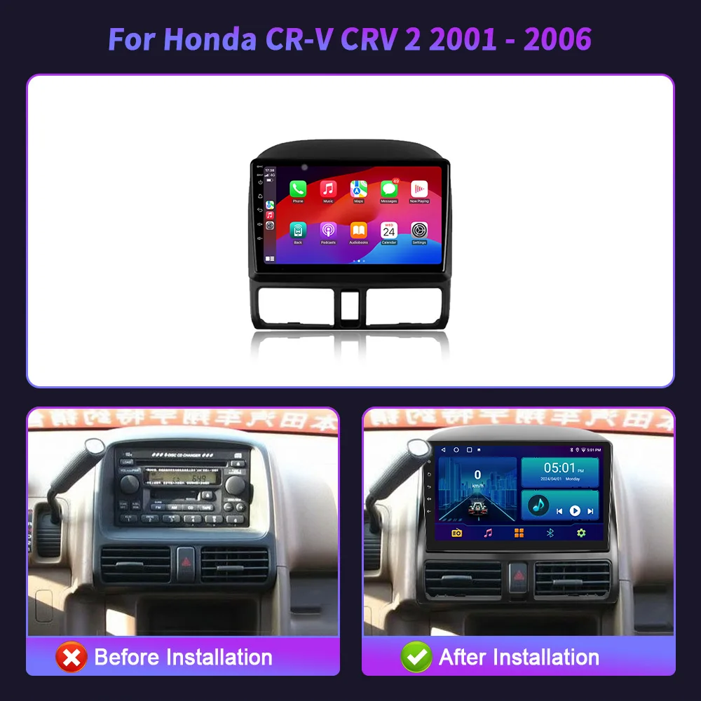 For Honda CR-V CRV 2 2001-2006 Car Radio Android Multimedia Navigation WIFI 4G GPS BT Wireless Apple Carplay Touch Screen Stereo