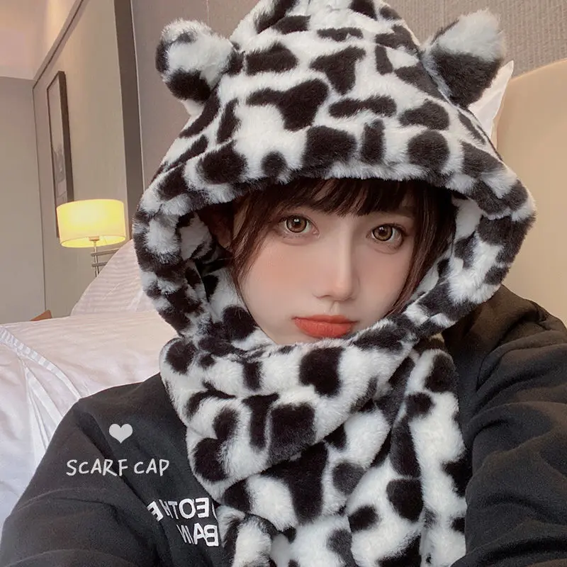 Simpatiche orecchie da orso cappello caldo sciarpa guanto set da 3 pezzi per le donne autunno inverno Kawaii Anime peluche scaldacollo Y2k ragazze sciarpe di pelliccia