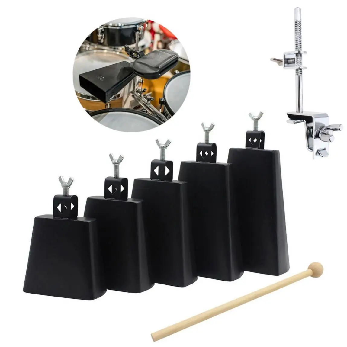 

4 / 5 / 6 / 7 / 8 Inch Metal Iron Noise Makers Cow Bells & Mount with Sticks, Hand Percussion Cowbell & Holder Set