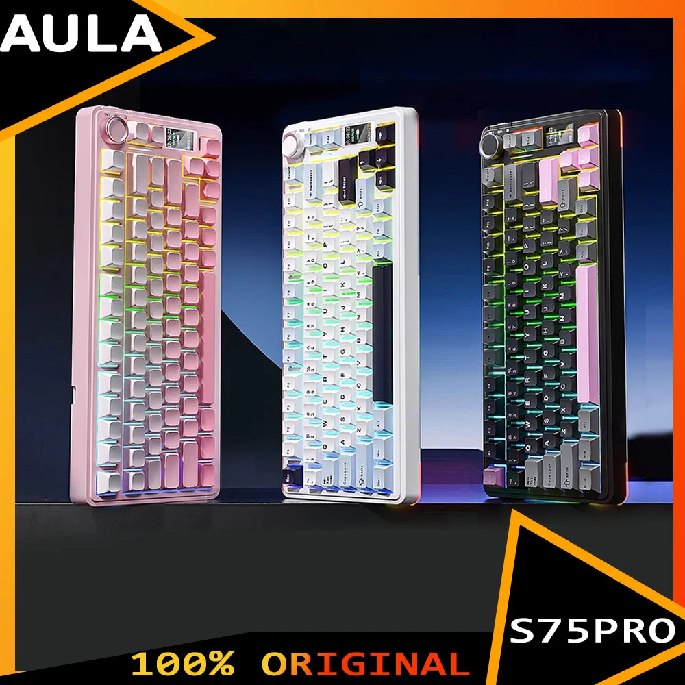 

AULA S75Pro Механическая клавиатура, трехрежимная беспроводная игровая клавиатура, прокладка RGB, 4000 мАч, экранная клавиатура, аксессуары для ПК, подарки для геймеров